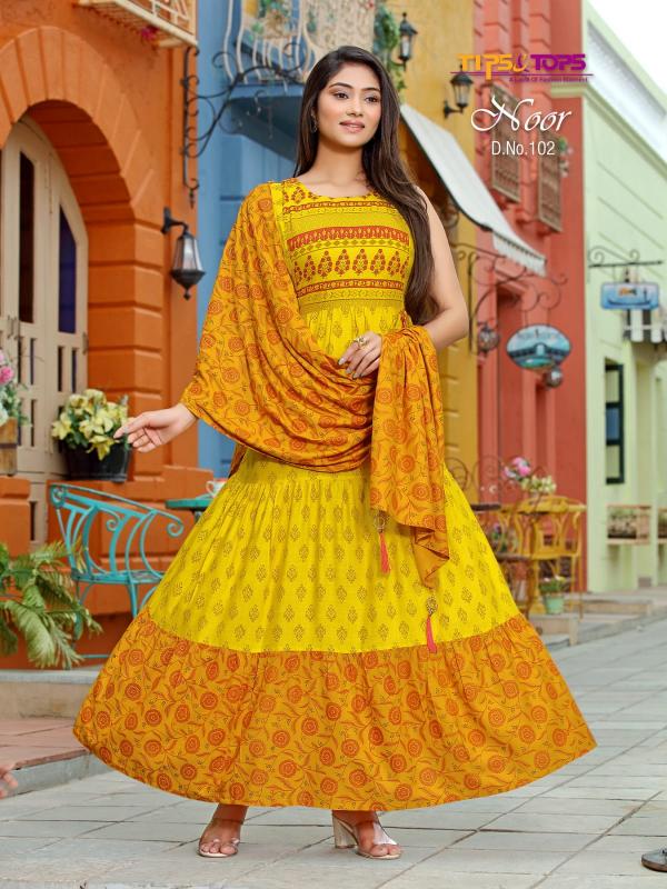 Tips and Tops Party Wear Heavy Rayon Gowns With Printed Dupatta